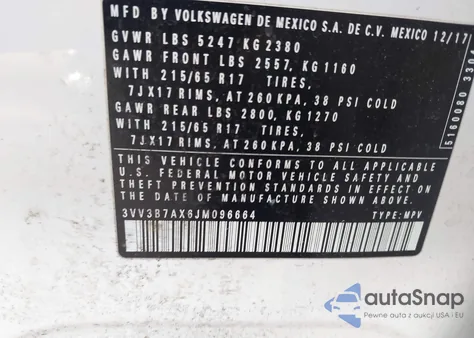 2018 Volkswagen Tiguan 2.0T Se/2.0T Sel from USA, damaged, VIN 3VV3B7AX6JM096664